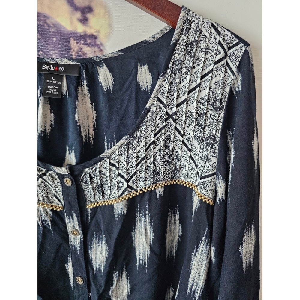 Style & Co Womens Ikat Print Button Front Boho Blouse 3/4 Sleeve L - Picture 4 of 8